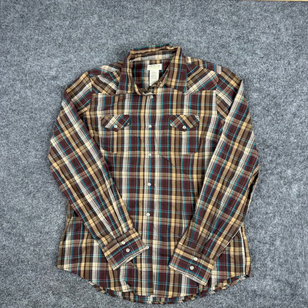 Wrangler Button Down Shirt Womens Size Medium Brown Plaid Western Pearl Snap Top